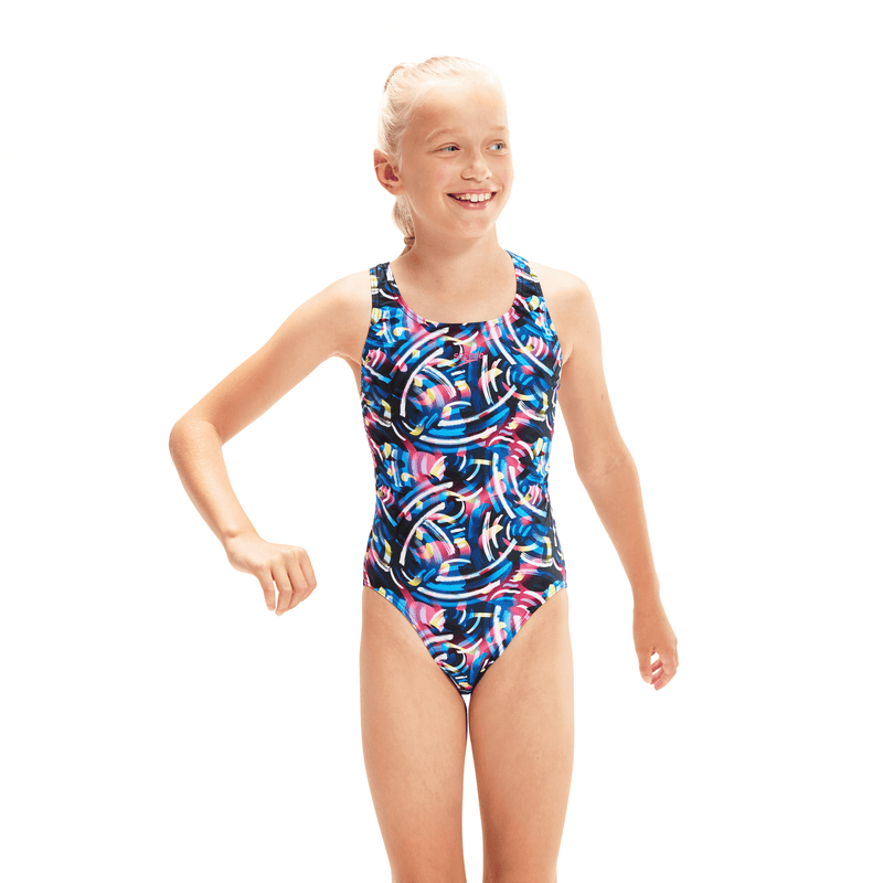 Speedo Girl's Digital Allover Leaderback Swimsuit - Black/Blue-Swimsuit-Speedo-SwimPath