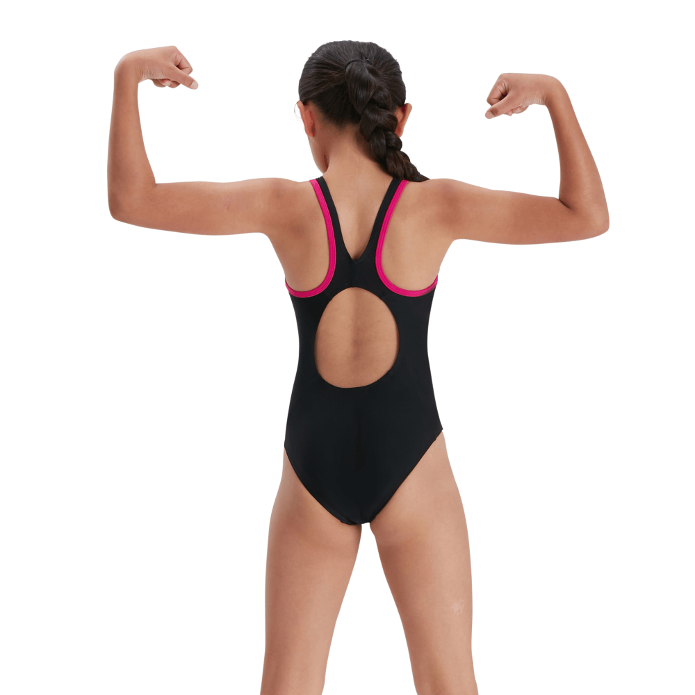 Speedo Junior Girl's Boom Logo Splice Muscleback Swimsuit - Black/Pink-Swimsuit-Speedo-SwimPath